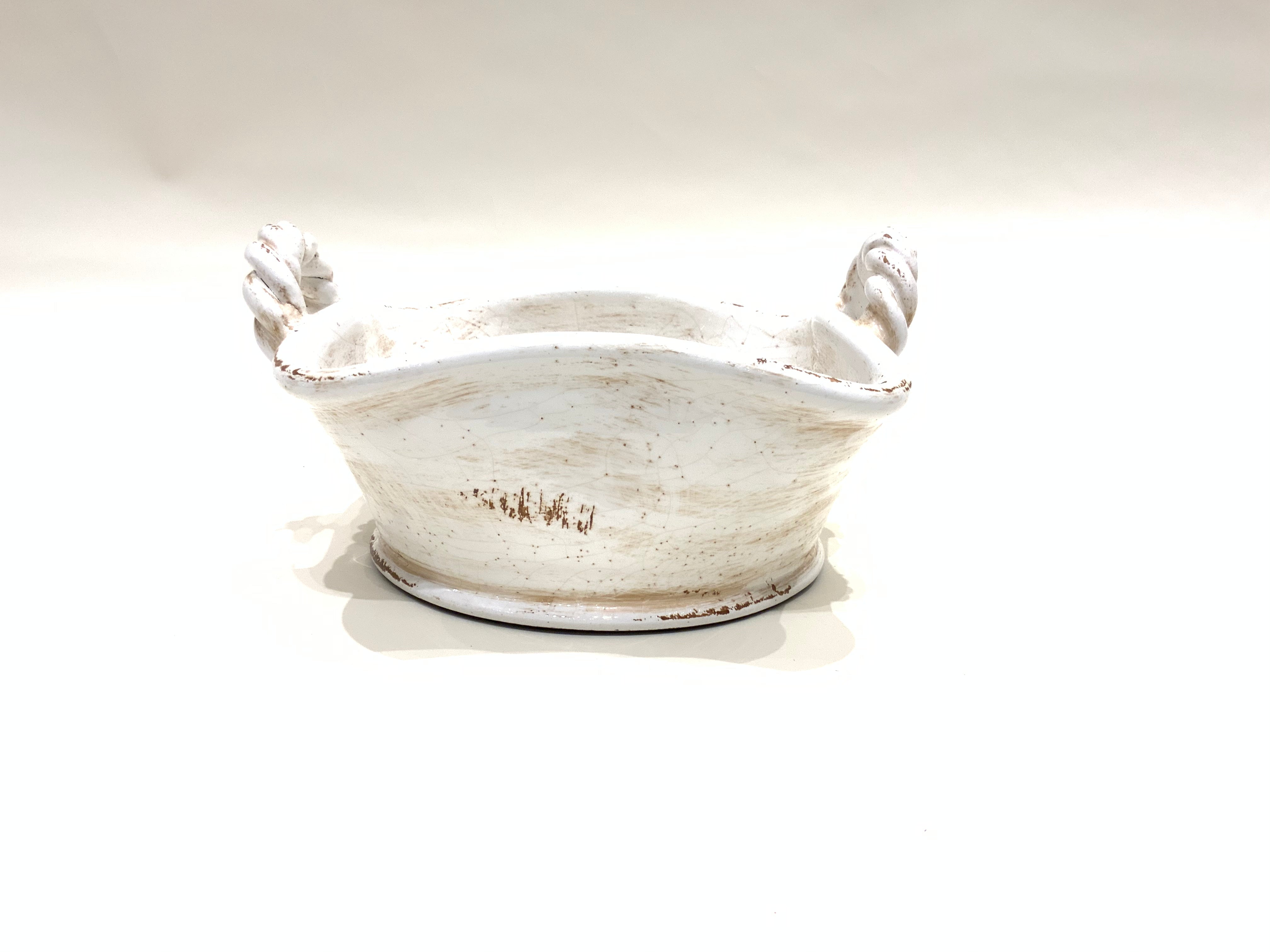 Rustic White Glazed Bowl with Twisted Handles