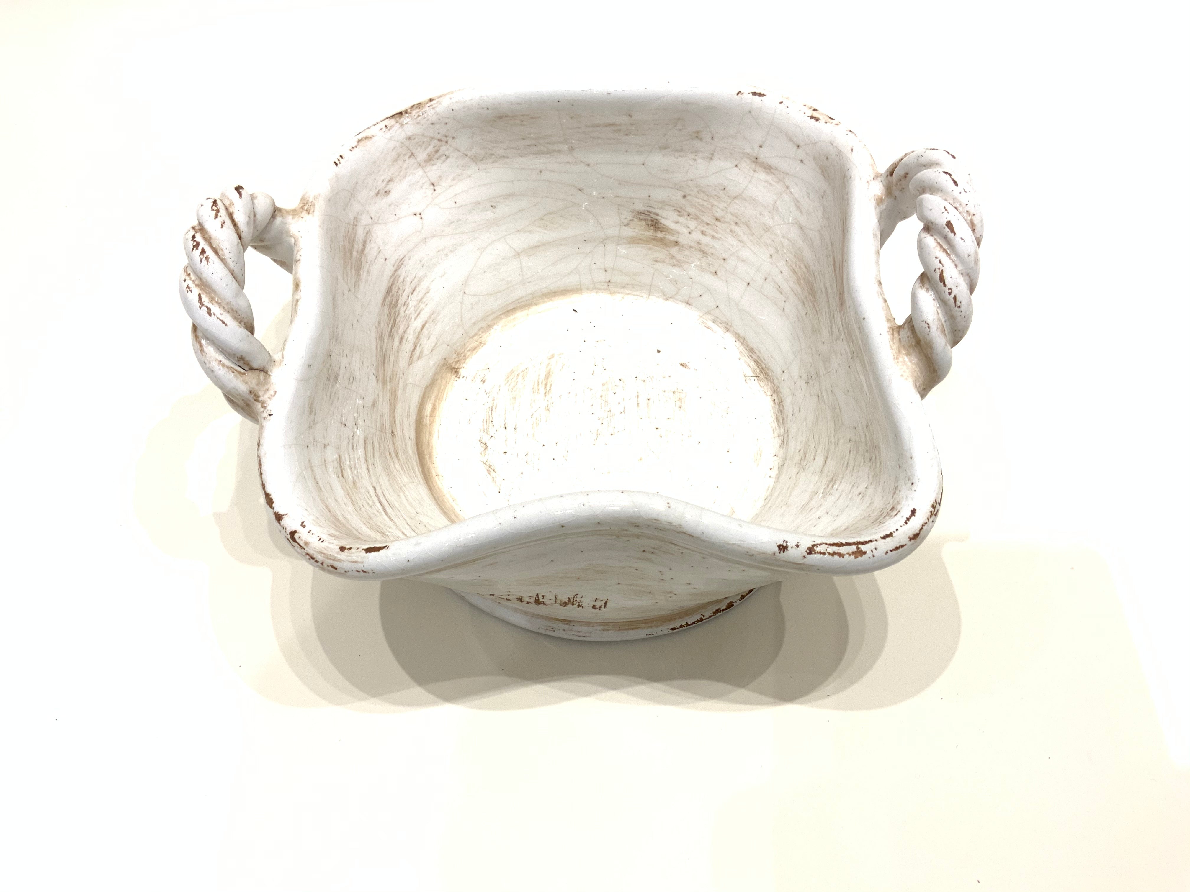 Rustic White Glazed Bowl with Twisted Handles