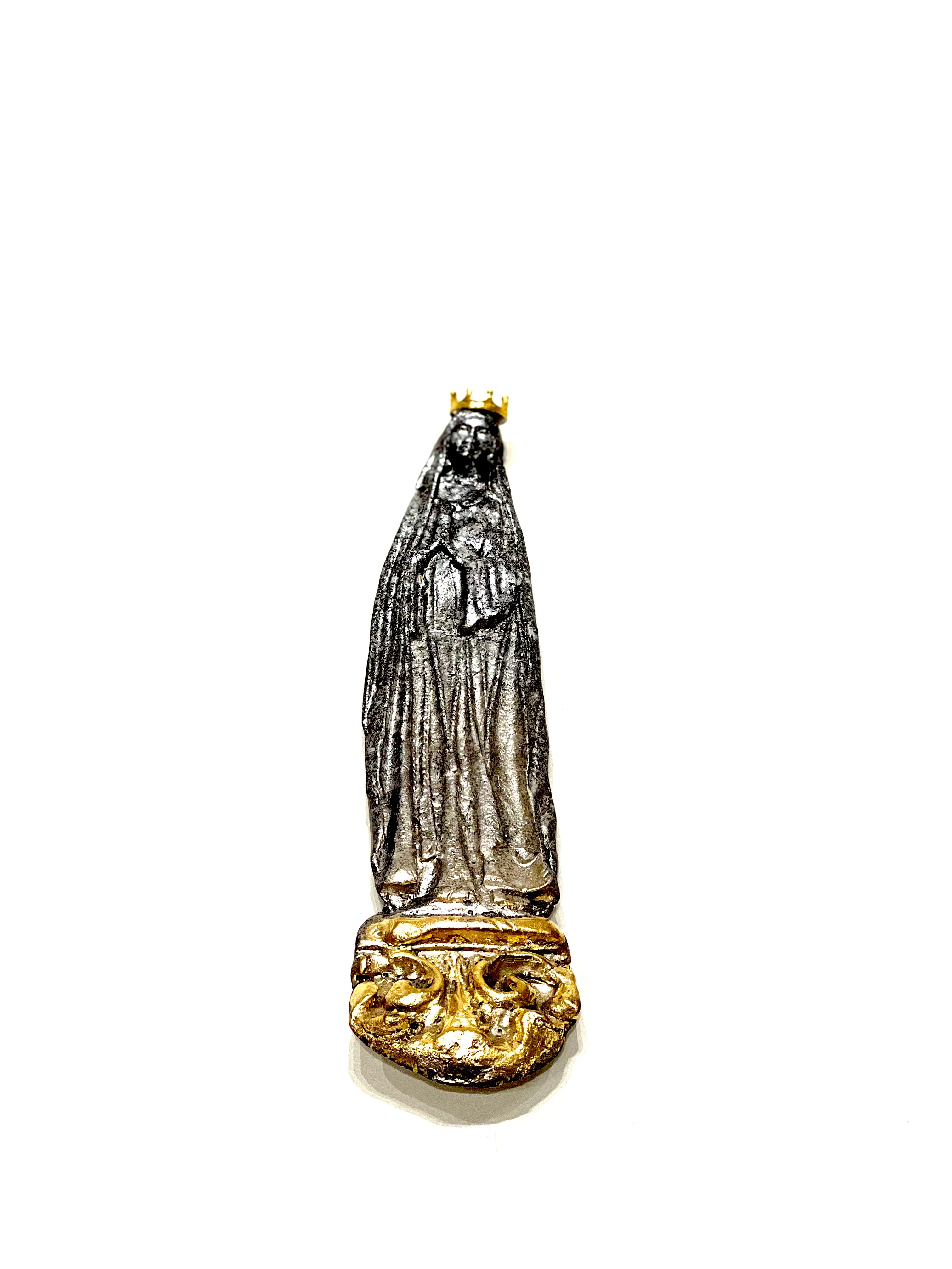 Blessed Mother Pewter w/ Gold Crown on Gold Leaf Cartouche