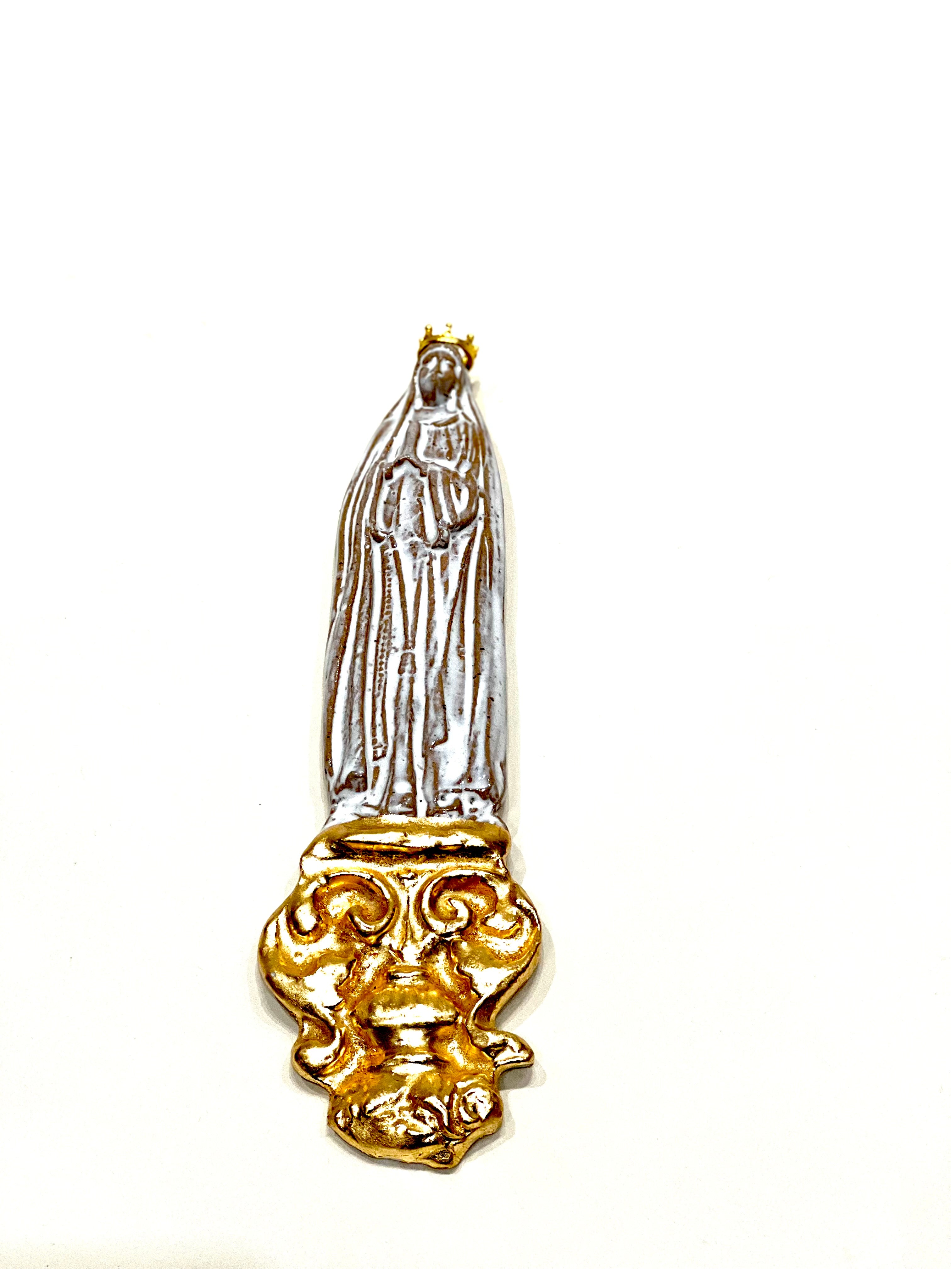 Blessed Mother w/ White Glazed and Gold Crown on Gold leaf cartouche