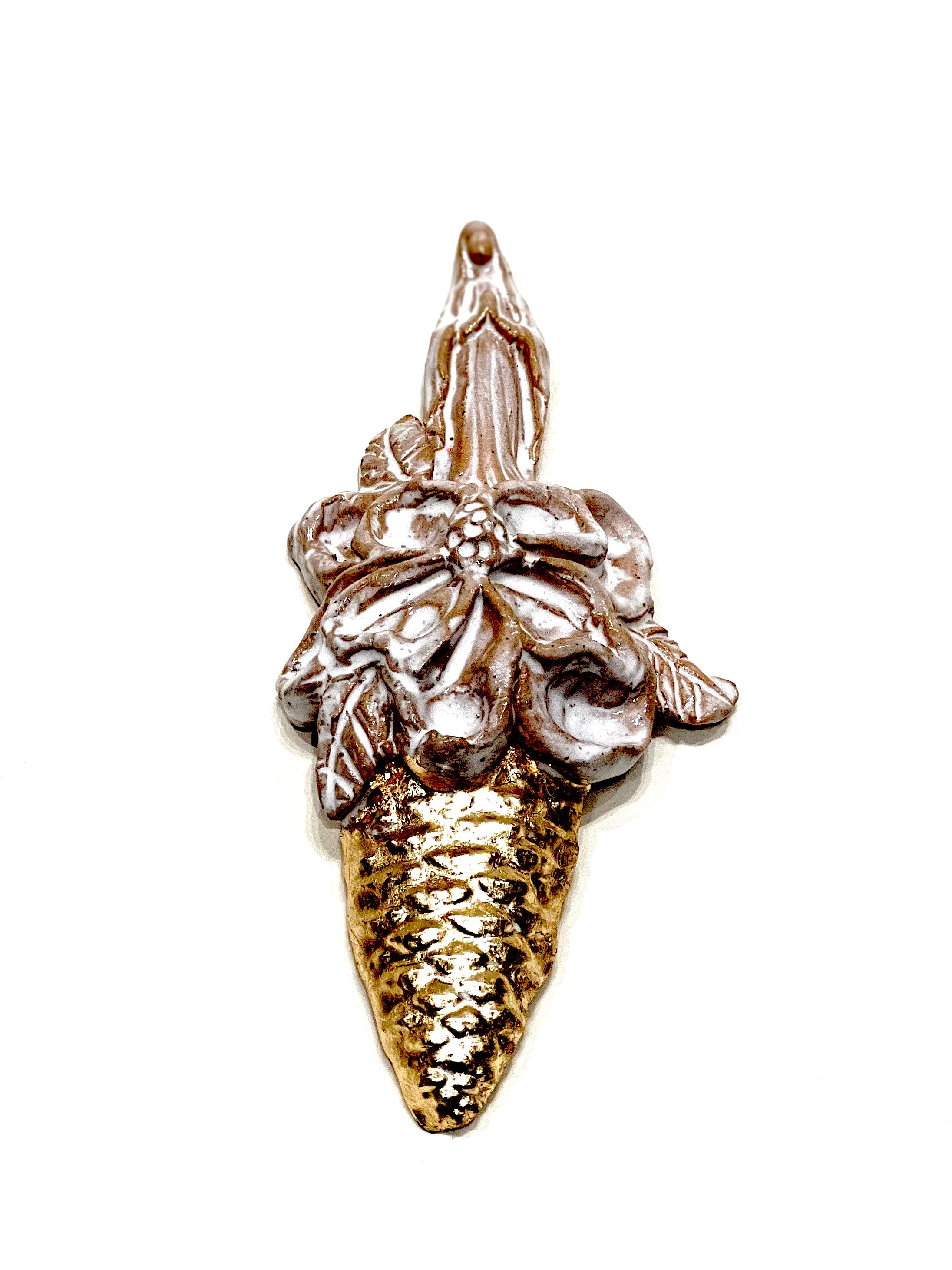 Blessed Mother White Glaze w/ Gold Leaf Pinecone
